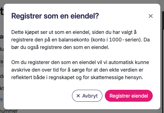 Dialogboks som spør om du vil registrere kjøpet som en eiendel