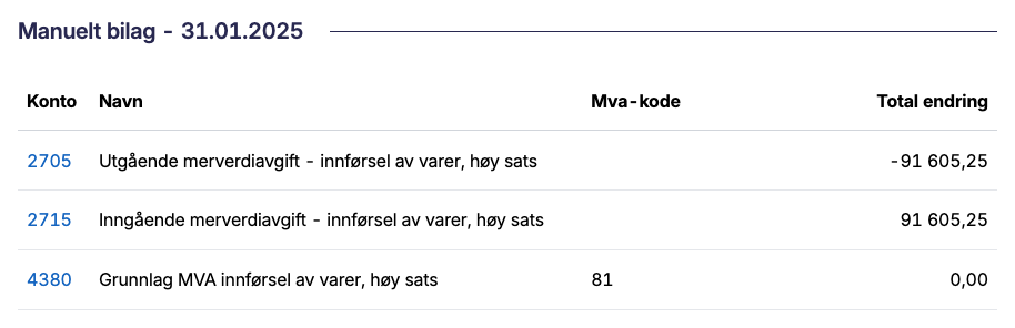 Her er et eksempel på hvordan journalen for tolldeklarasjonen ser ut
