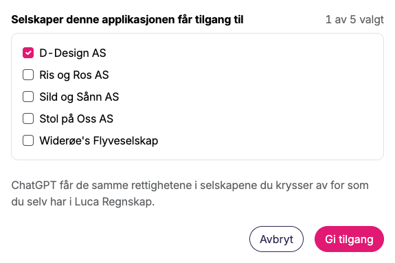 Listen i Luca der du krysser av for hvilke selskaper tilkoblingen skal gjelde for, med knappen Gi tilgang