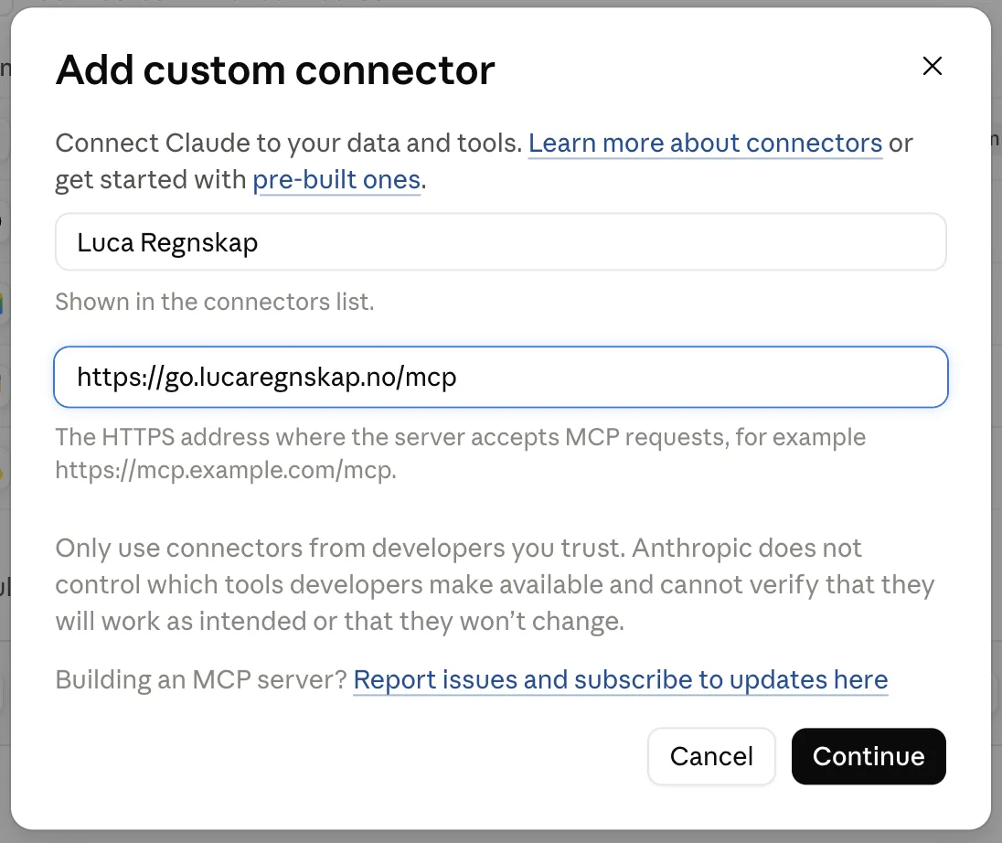Dialogen «Add custom connector» med navnet Luca Regnskap og adressen til Luca fylt ut