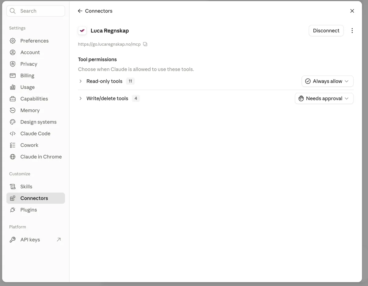 Tool permissions for Luca-tilkoblingen, der Read-only tools er satt til «Always allow» og Write/delete tools til «Needs approval»