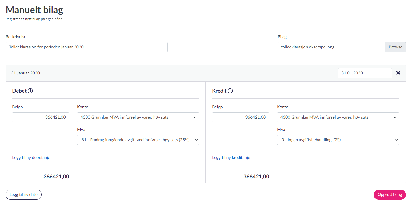 Her er et eksempel på hvordan føringen skal se ut i Luca Regnskap